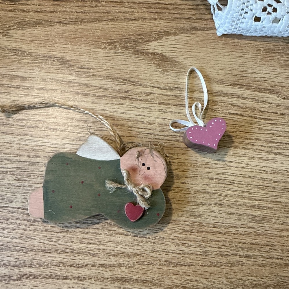 vintage wooden angel christmas ornament And Heart